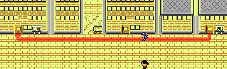 Celadon City main street, connecting Pokémon Center (right) and Dept. Store (left) / Pokémon Crystal