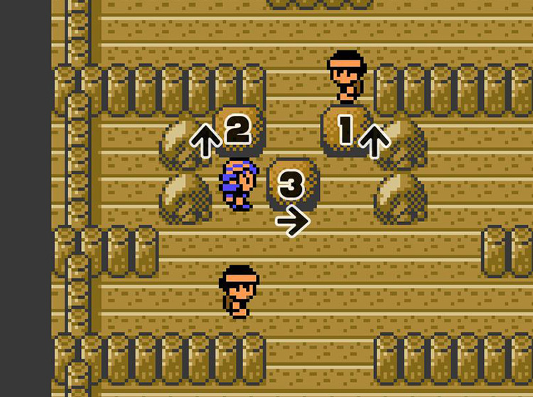 Moving boulders around to open a way forward through Cianwood Gym / Pokémon Crystal