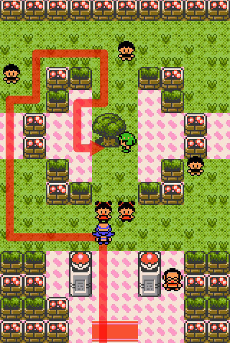 Bird’s eye view of Azalea Gym, with the easiest route planned out / Pokémon Crystal