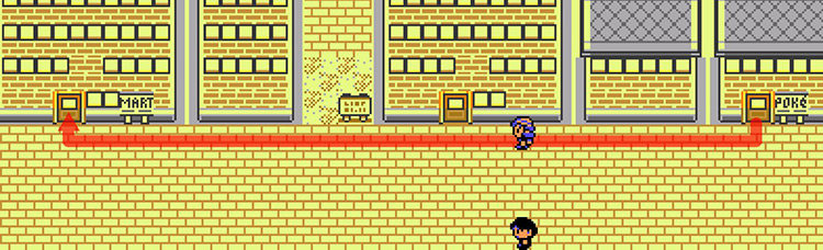 Celadon City main street, connecting Pokémon Center (right) and Dept. Store (left) / Pokémon Crystal