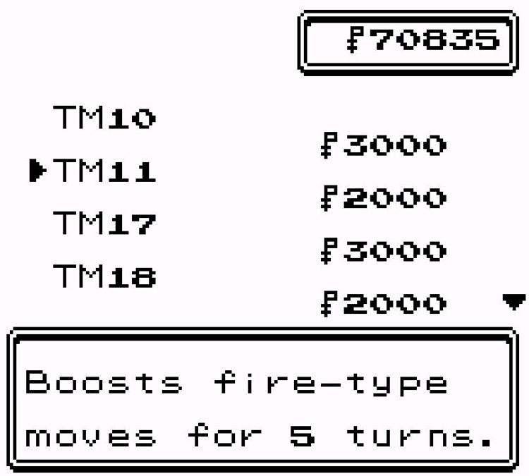 TM11 in the TM Shop menu / Pokémon Crystal