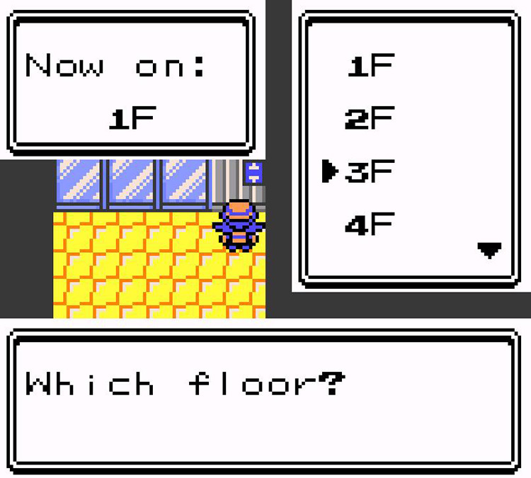 Choosing 3F from the Celadon Dept. Store elevator menu / Pokémon Crystal