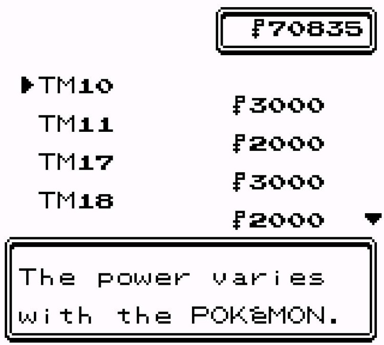 TM10 in the TM Shop menu / Pokémon Crystal