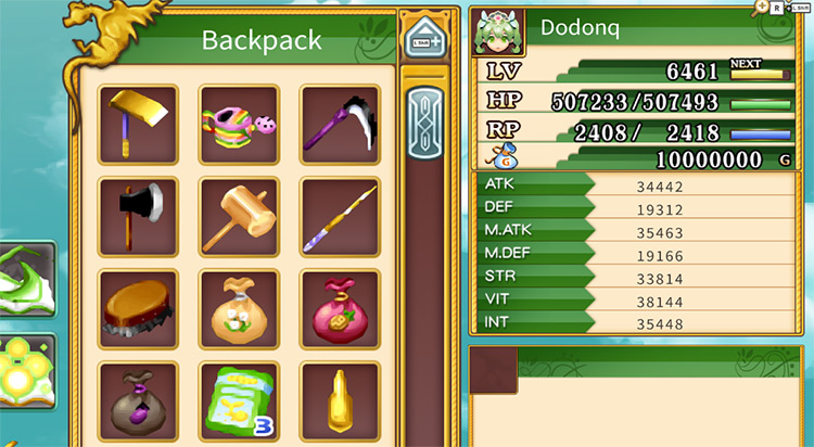 A box containing the different character stats in the character menu / Rune Factory 4
