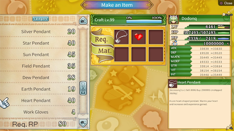 The option to craft a Heart Pendant using the Crafting Table / Rune Factory 4