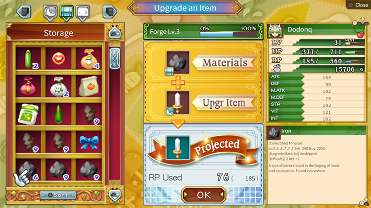A Broadsword being upgraded with Iron using the Forge / Rune Factory 4