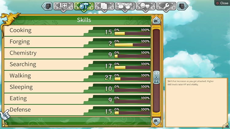 A menu displaying the different skills that can be leveled up in Rune Factory 4 / Rune Factory 4