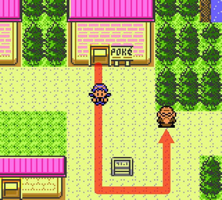 Approaching the old man in Cherrygrove City. / Pokémon Crystal