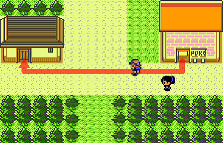 Approaching the house in Ecruteak with the Itemfinder. / Pokémon Crystal
