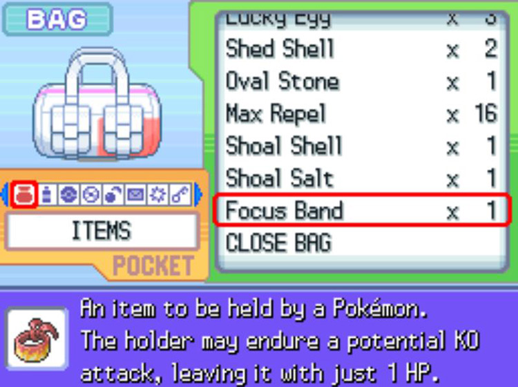 The in-game description of the Focus Band / Pokémon Platinum
