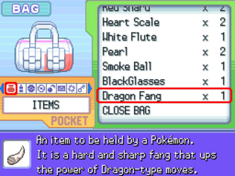 The in-game description of the Dragon Fang / Pokémon Platinum