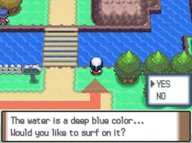 Using Surf on the river near the Valley Windworks / Pokémon Platinum