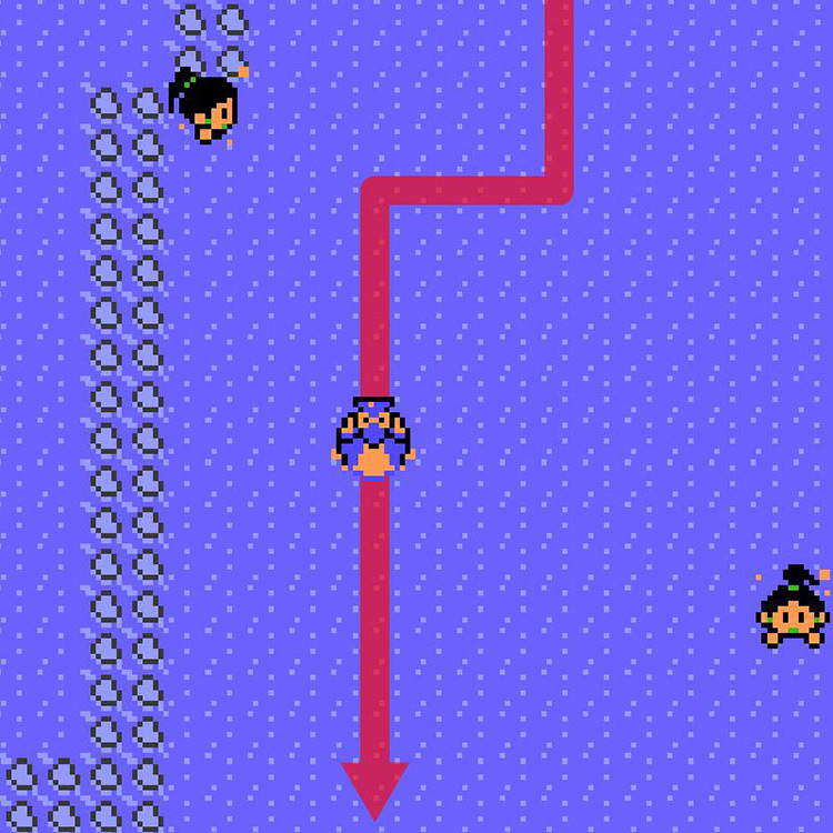 Swimming past trainers on Route 40. / Pokémon Crystal