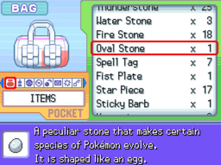 The in-game description of the Oval Stone / Pokémon Platinum