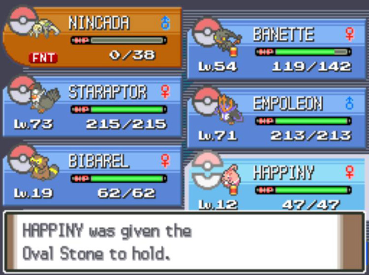 Having Happiny hold the Oval Stone / Pokémon Platinum