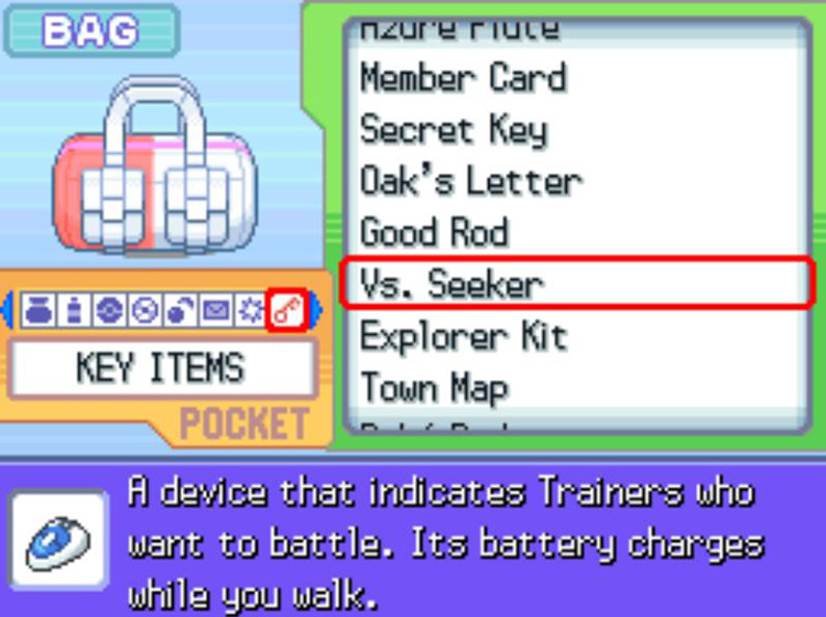 The in-game description of the Vs. Seeker. / Pokémon Platinum