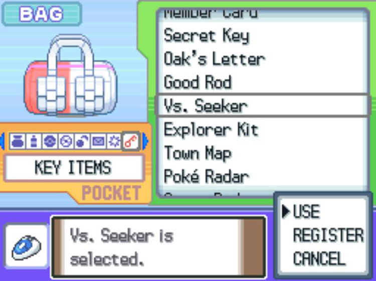 Selecting the Vs. Seeker from the Bag’s Key Items pocket. / Pokémon Platinum