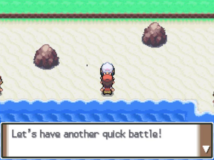 Speaking to a trainer for a rematch after using the Vs. Seeker. / Pokémon Platinum
