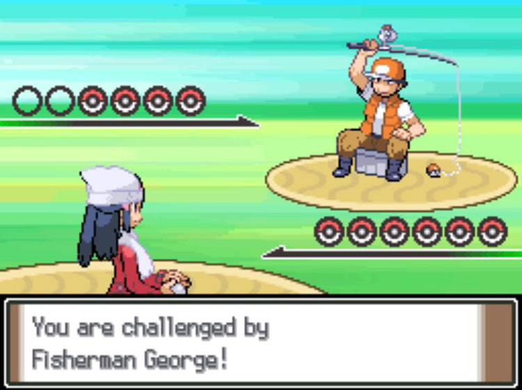 Having a rematch with Fisherman George on Route 222. / Pokémon Platinum