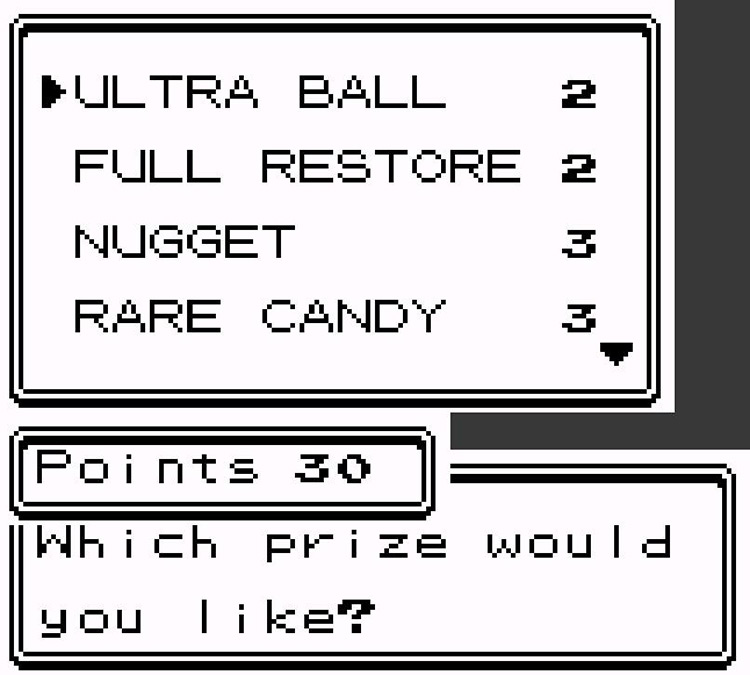 Checking out the available prizes for Buena’s Password. / Pokémon Crystal