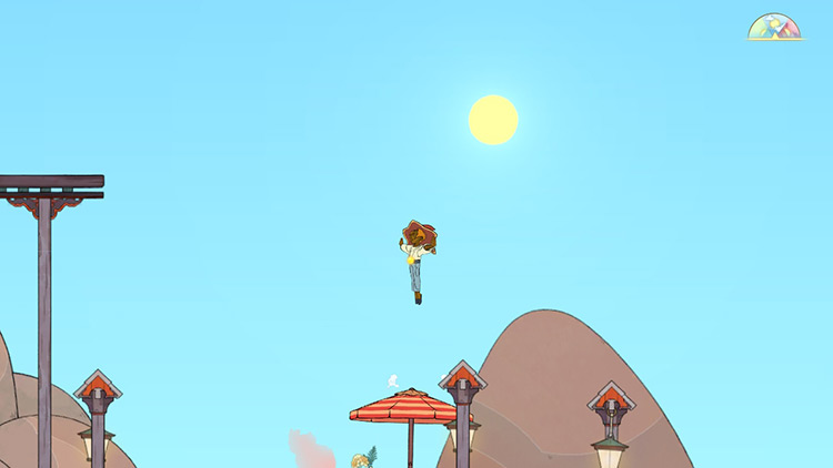 Bouncing on an umbrella to reach higher places. / Spiritfarer