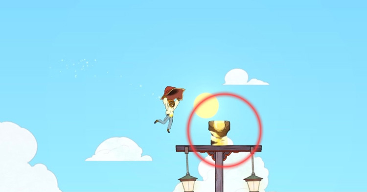 Glide to the top of the light pole to get the treasure chest. / Spiritfarer