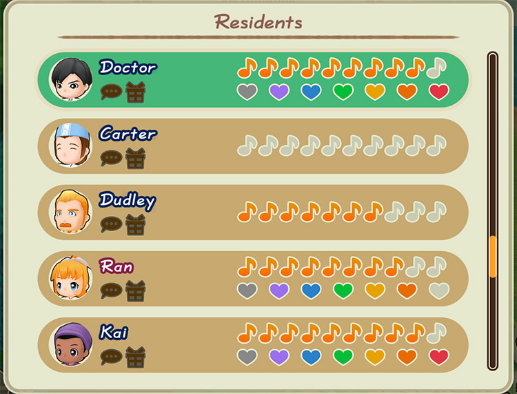 Interface of the Villagers relationship menu. / Story of Seasons: Friends of Mineral Town