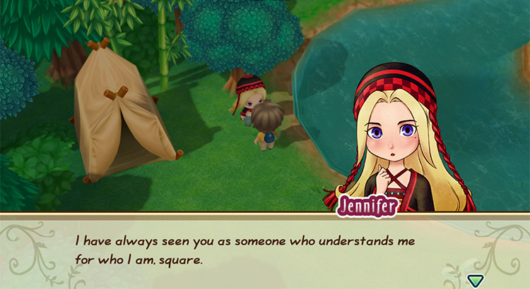 Jennifer interacts with the farmer after dating. / Story of Seasons: Friends of Mineral Town