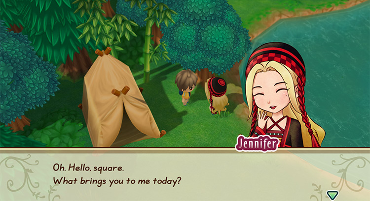 Jennifer stands next to her tent at the lake. / Story of Seasons: Friends of Mineral Town