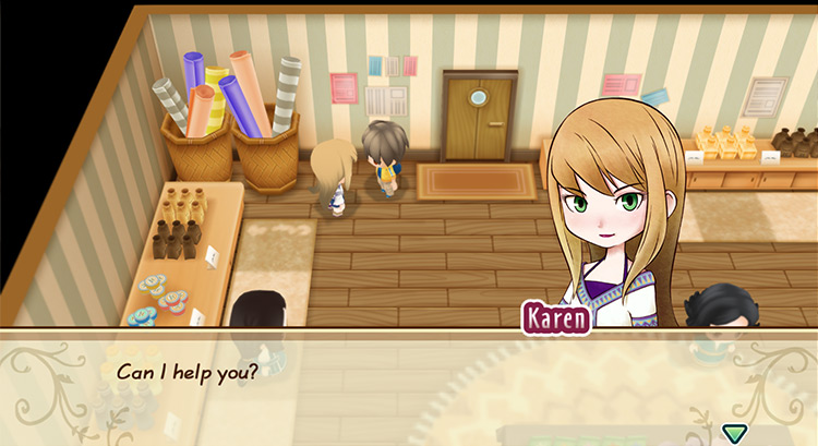 Karen talks to the farmer at the General Store. / Story of Seasons: Friends of Mineral Town
