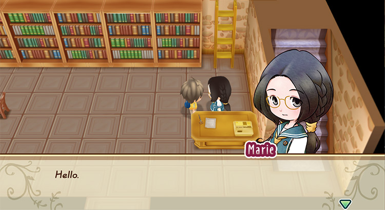 Marie at her desk in the library. / Story of Seasons: Friends of Mineral Town
