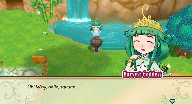 The Harvest Goddess appears to the farmer. / Story of Seasons: Friends of Mineral Town