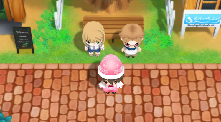 The farmer stands in between Rick and Karen. / Story of Seasons: Friends of Mineral Town