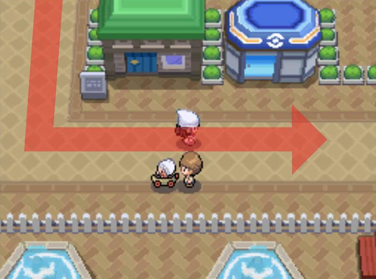 Turning east and passing the Poké Mart. / Pokémon Platinum