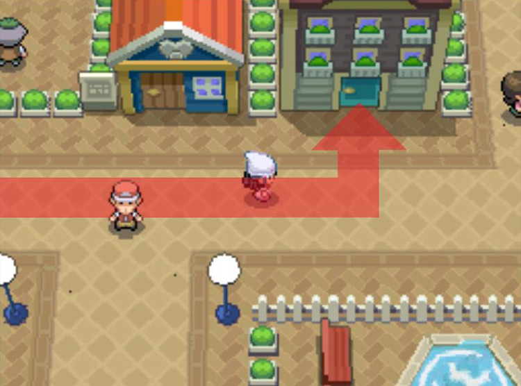 Entering the apartment building next door to the Pokémon Fan Club. / Pokémon Platinum