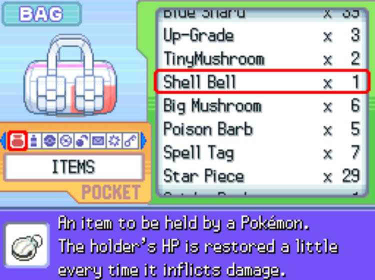The in-game description of the Shell Bell / Pokémon Platinum