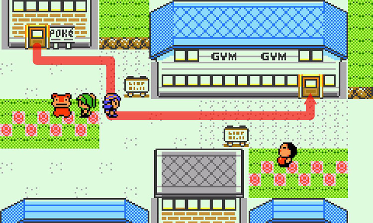Walking from the Pokémon Center to Cerulean Gym. / Pokémon Crystal