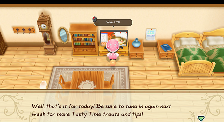 The farmer watches the Tasty Time TV Show. / Story of Seasons: Friends of Mineral Town