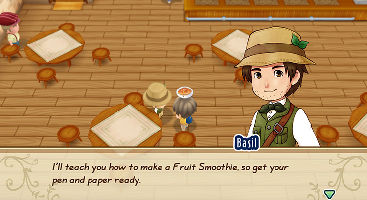 The farmer learns a recipe from Basil. / Story of Seasons: Friends of Mineral Town