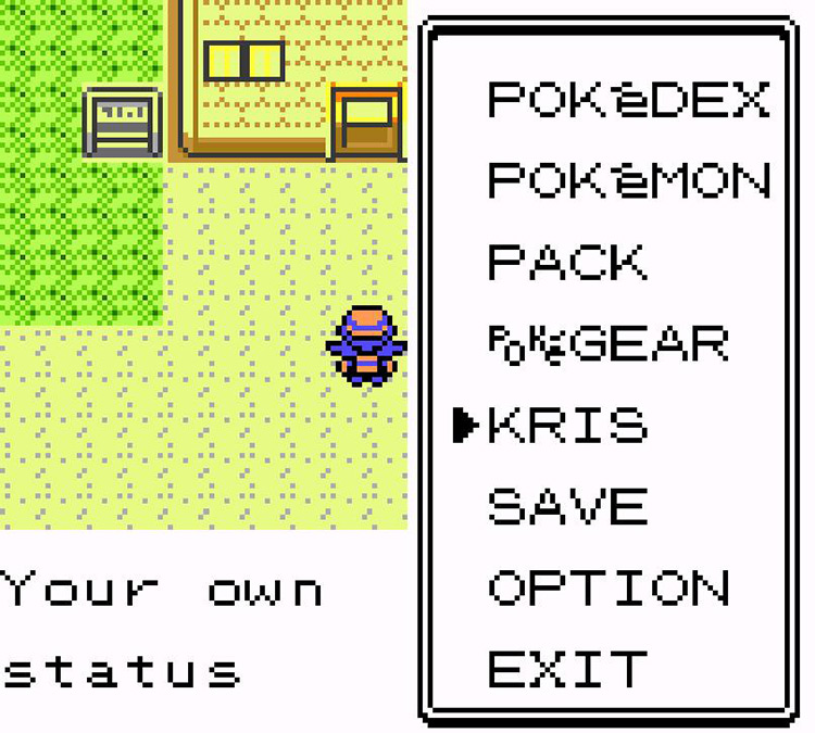Choosing the character profile on the START menu. / Pokémon Crystal