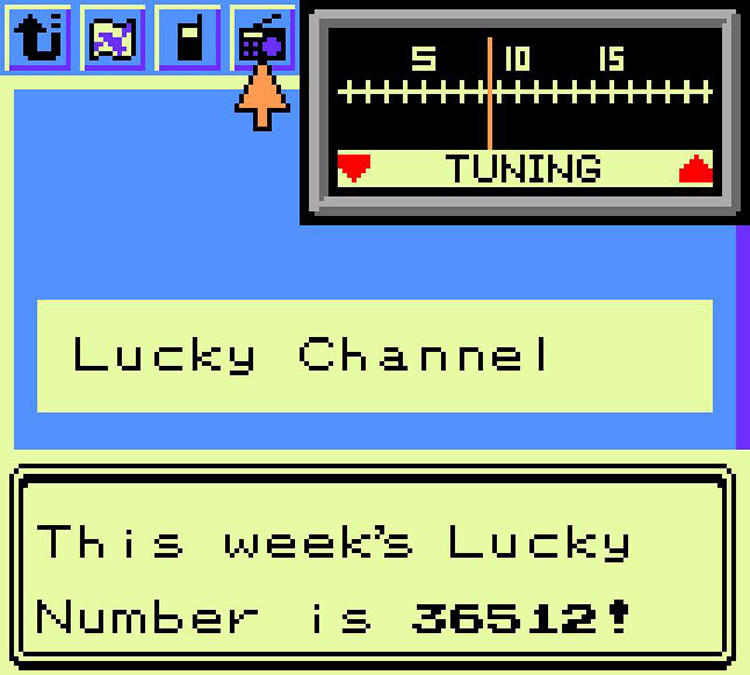Tuning into the Lucky Channel in the PokéGear’s Radio. / Pokémon Crystal