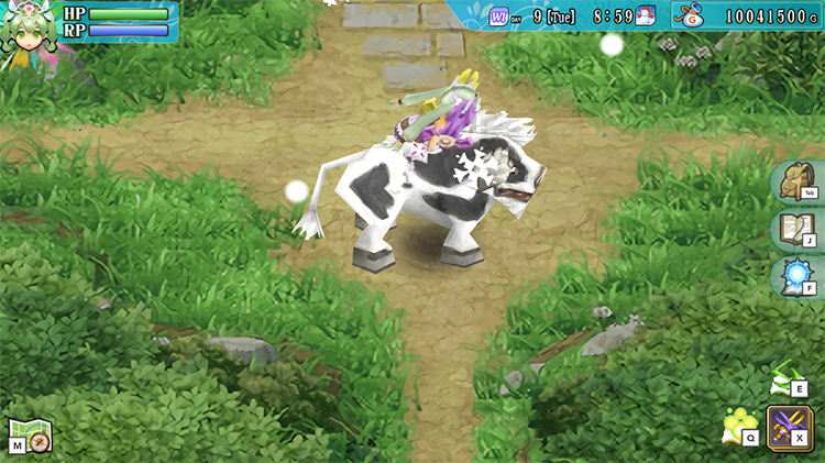 A tamed Buffamoo being used as a mount / Rune Factory 4