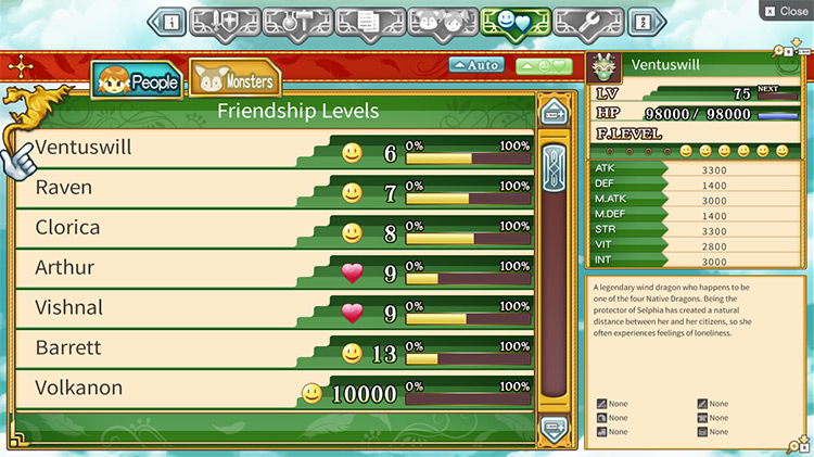 A menu displaying your friendship levels with all the different townspeople / Rune Factory 4
