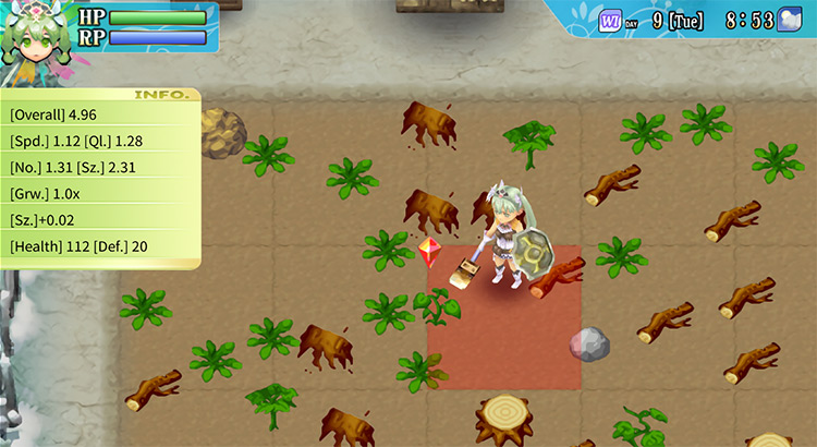 An upgraded hoe displaying the soil’s different stats / Rune Factory 4