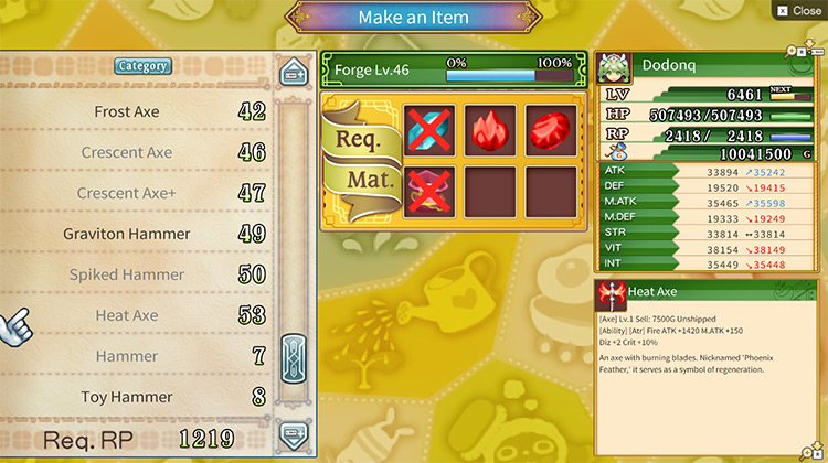 Different weapons that can be made with a high forging skill level / Rune Factory 4