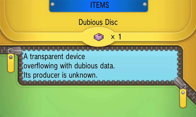 In-game details for Dubious Disc / Pokémon ORAS