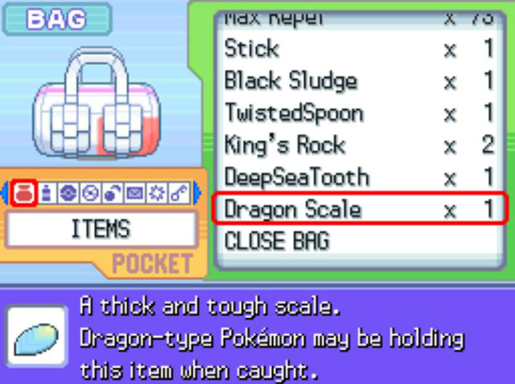 The in-game description of the Dragon Scale / Pokémon Platinum