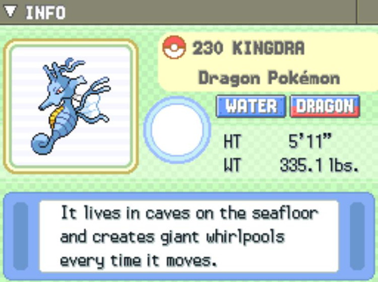 Pokédex description of the newly-evolved Kingdra / Pokémon Platinum
