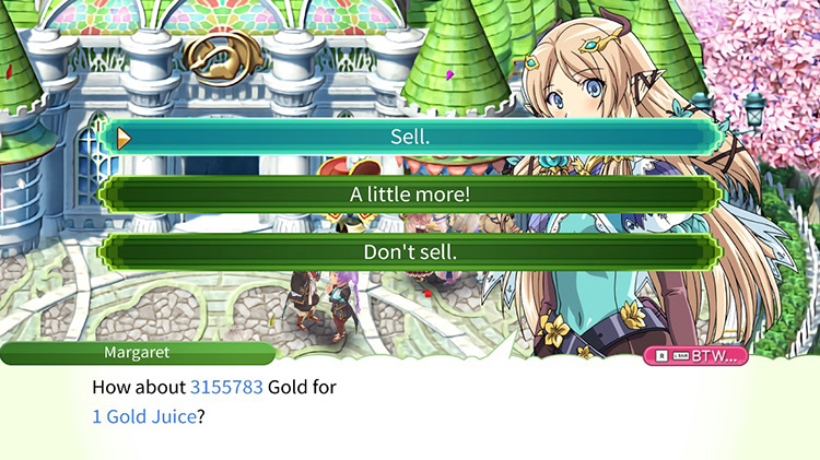 Margaret purchasing Gold Juice for 3,155,783G at the Castle Shop / Rune Factory 4