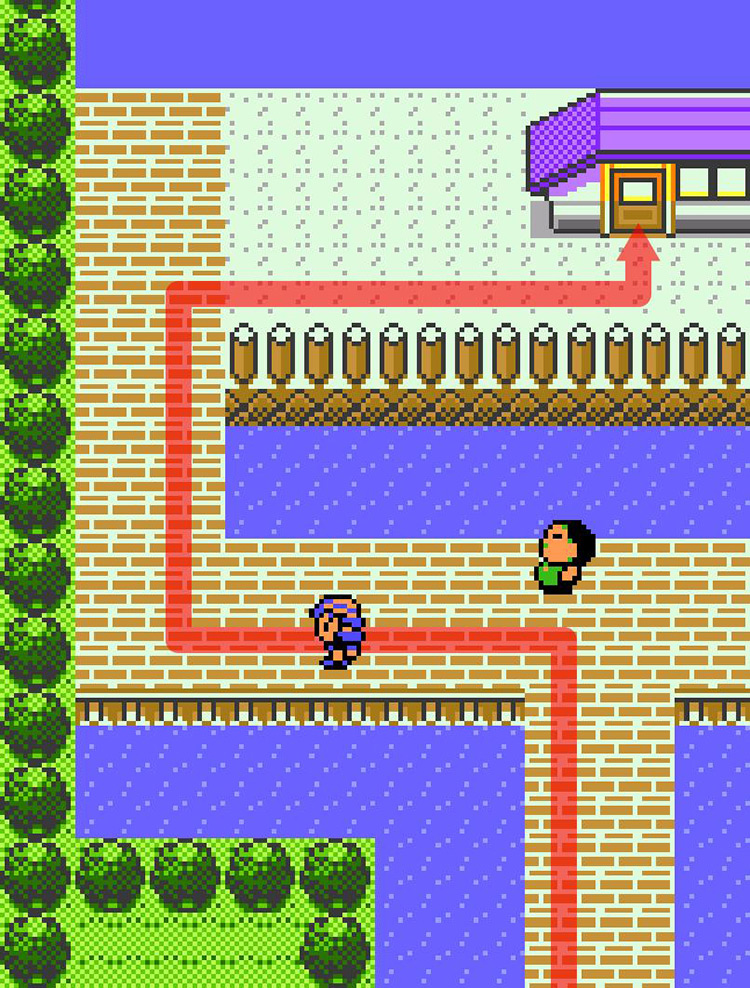 Approaching the lavender roof house on Route 12. / Pokémon Crystal